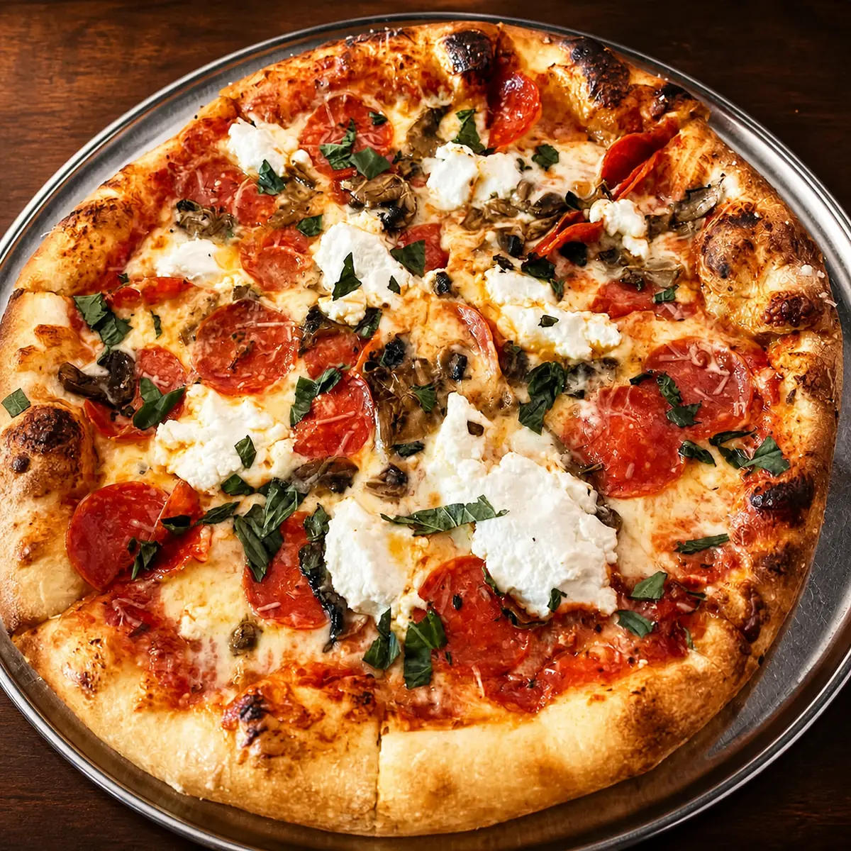 Hand-tossed pepperoni and ricotta pizza at Gino’s Pizza, Pasta & Co.