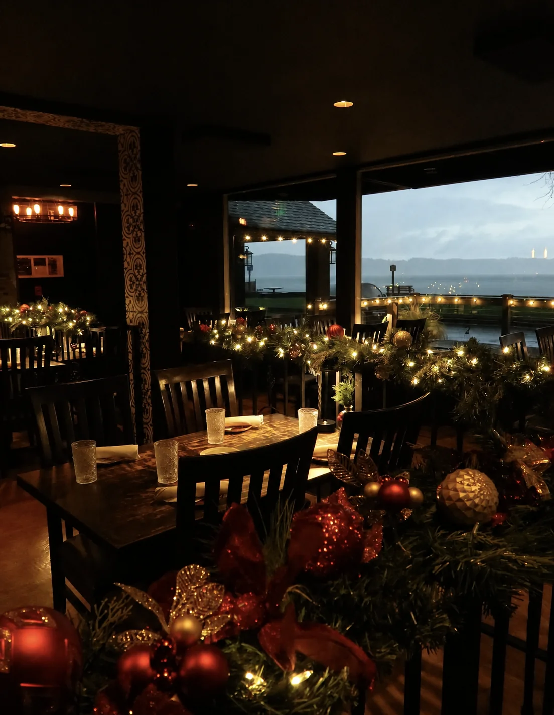 Warm waterfront dining room at Gino’s at the Point